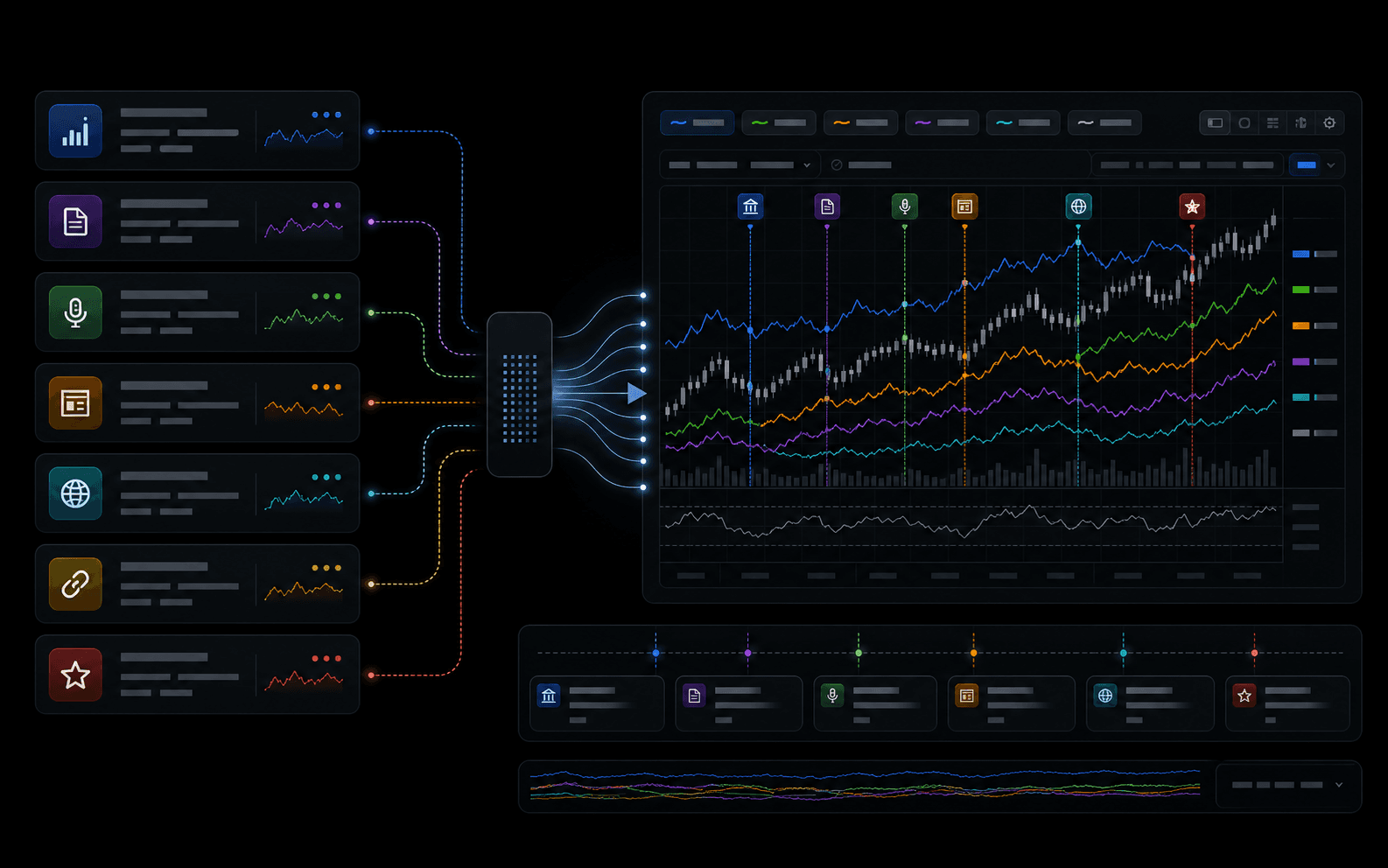 Generated interface showing data source cards flowing into chart overlays